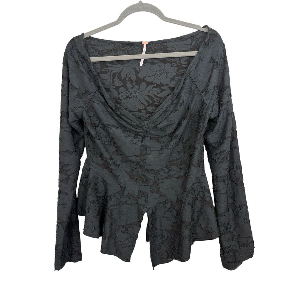 Free People Black Sabrina V-Neck Top Sz Large Long Sleeve Textured Peplum